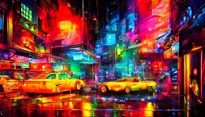 Wall Mural - I'm standing on a city street at night. The air is thick with the smell of exhaust and humanity. colorful neon lights flash and blur in my vision, painting the world in an eerie glow. I feel exhilarat