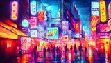 Fototapeta Nowy Jork - I'm walking down the city street at night and the colorful neon signs are shining brightly.