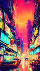 Wall Mural - The city street is alive with colorfully neon signs. They create a bright and inviting atmosphere that makes you feel like anything is possible on this night.