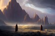 There is a lone figure standing on an alien landscape. They are surrounded by an eerie silence and the vastness of space.