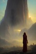 The lone figure stands on the alien landscape, looking out at the vastness of space. The planet is rocky and barren, with no signs of life anywhere. The figure is wearing a spacesuit, and has a oxygen