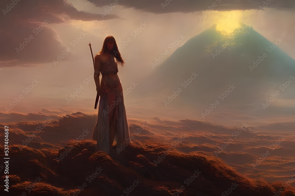 Ilustração The lone figure stands on an alien landscape, the only ...