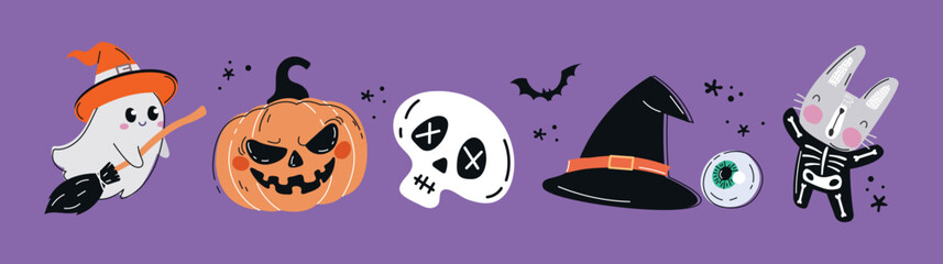 Wall Mural - Set of Hallooween. Collection of stickers for social networks. Ghost, skeleton skull, witch hat and eye, pumpkin, and rabbit in suit. Cartoon flat vector illustrations isolated on violet background