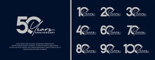 Set Of Anniversary Logo Flat Silver Color On Dark Blue Background For Celebration Moment