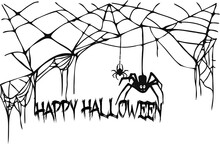 Vector Spider With Its Web Along With The Inscription Happy Halloween.