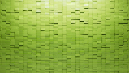 Green Tiles arranged to create a 3D wall. Rectangular, Futuristic Background formed from Semigloss blocks. 3D Render