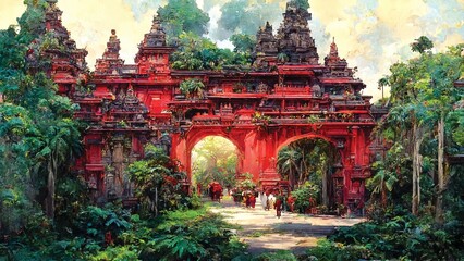 Canvas Print - Balinese temple entrance, beautiful landscape, red wall, digital art