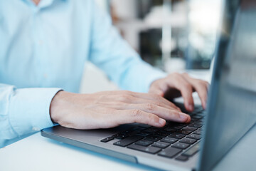 Businessman, hands and laptop typing in digital marketing startup, small business and advertising company. Zoom, developer and technology programmer in web design, code programming or office software