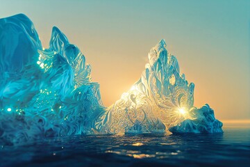 Wall Mural - A large iceberg floating in the ocean, made of crystals with pattern, fantasy painting