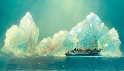 Wall Mural - sailing boat and large iceberg of crystals, floating in the sea, fantasy illustration