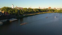 Aerial View Of Cambridge And Anderson Memorial Bridge Leading To Weld Boathouse, Harvard On Charles River, Cambridge, Boston, Massachusetts, USA