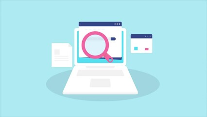 Canvas Print - animation concept of seo, website on laptop screen with magnifier, document and data analytics.