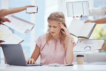 Poster - Businesswoman stress, anxiety and burnout in busy office of poor time management, tax audit and company crisis. Overworked, sad and frustrated worker struggle in challenge, problem and deadline worry