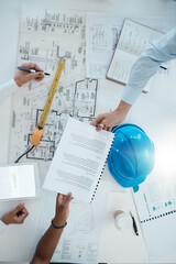Poster - Architect collaboration, construction business and paperwork, meeting and strategy, planning for project. Teamwork, engineering and tablet to research and helmet, corporate branding and blue print