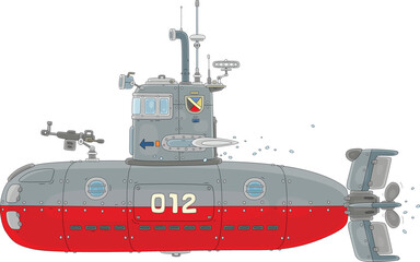 Navy submarine boat equipped with a periscope, armed with torpedoes and guns, on combat patrol in an ocean, vector cartoon illustration isolated on a white background