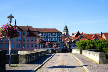 Historical city of Hann. Münden at the Old Werra Bridge. View of historic half-timbered buildings.
