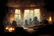 Scary nightmare monsters in a cozy room. Horrible aliens sitting in a room at night and relaxing