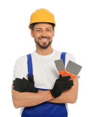 Poster - Professional worker with putty knives in hard hat on white background