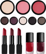 Dark Winter makeup collection transparent PNG. Lipsticks, nail polishes, blushes and eyeshadows in deep cool colors.