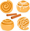 Cinnamon rolls buns with frosting and cinnamon sticks. Vector illustration