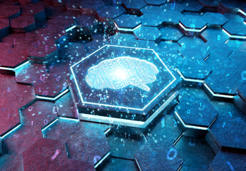 Aufkleber - Brain icon concept engraved on metal hexagonal pedestral background. Artificial intelligence symbol glowing on abstract digital surface. 3d rendering