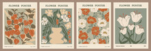 Set Of Different Flower Posters. Modern Style, Trendy Pastel Colors. Abstract Daisy, Poppy, Marigold Flowers. Vector Colorful Illustrations, Perfect For Wall Art, Cards, Covers Etc.