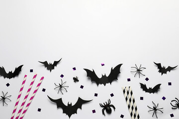 Wall Mural - Flat lay composition with paper bats, spiders and straws on white background, space for text. Halloween celebration