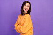 Profile side photo of cute good looking lady dressed orange autumn trendy outfit show bright grin isolated on purple color background
