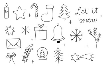 Wall Mural - cute christmas set - bell, candles, tree, gift, snowflake, snow globe, star, envelope, stocking, sho