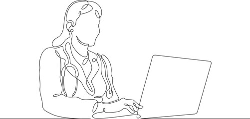 One continuous line. Portrait of a doctor with a laptop. Therapist doctor. The doctor works at the computer. One continuous line is drawn on a white background.