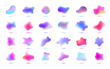 Wall Mural - Vector 3d gradient spots set, liquid shapes isolated. Abstract elements for trendy vibrant color design. Use for logos, tags, labels, background. Fluid blots, wavy drops, flowing elements