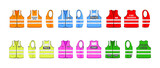 Fototapeta  - Safety reflective vest with label flat style design vector illustration set. Various color fluorescent security safety work jacket with reflective stripes. Front, side and back view uniform vest.