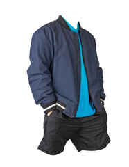 Wall Mural - men's bomber jacket, shirt and sports shorts isolated on white background.