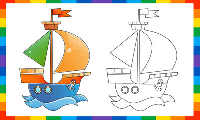 Wall Mural - Coloring Page Outline Of cartoon sail ship. Images of transport for children. Coloring book for kids