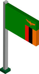 Sticker - Zambia Flag on Flagpole in Isometric dimension.