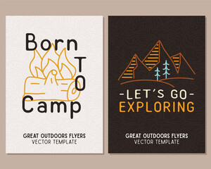 Wall Mural - Camping flyer templates. Travel adventure posters set with line art and flat emblems and quotes - born to camp. Summer A4 cards for outdoor parties. Stock