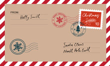 Christmas Envelope With Stamps, Seals And Inscriptions To Santa Claus.