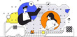 © alexdndz - Cyberspace management web concept in flat outline design with characters. Man and woman interacts with online storage system, manage digital files and documents, people scene. Illustration.