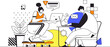 Freelance work web concept in flat outline design with characters. Man and woman working on laptops online. Freelancers doing tasks remotely while sitting at home, people scene. Illustration.