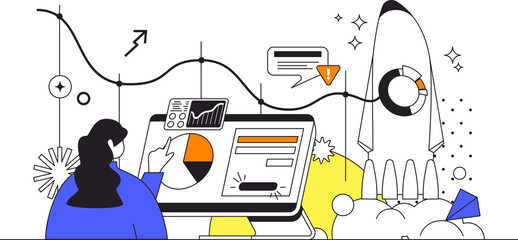 Poster - Outsourcing company web concept in flat outline design with character. Woman working remotely in international company. Freelancer doing tasks online at startup, people scene. Illustration.
