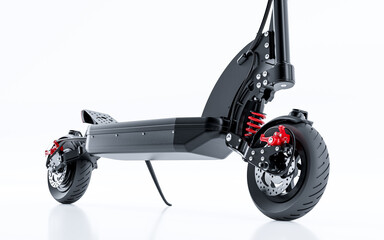 Professional electric scooter with suspension system - isolated on a white background, close-up to front brake module - 3d render