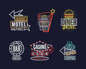 Wall Mural - Colorful Glowing Neon Signboards and Retro Street Banners Vector Set