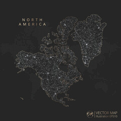 Wall Mural - North America Continent map abstract geometric mesh polygonal light concept with black and white glowing contour lines countries and dots on dark background. Vector illustration eps10