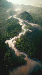 Wall Mural - Aerial view of tropical rainforest and river. Climate and nature concept landscape. 3D illustration.
