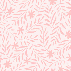 Wall Mural - Simple gentle calm floral vector seamless pattern in pastel colors. Pink  flowers, twigs, leaves on a light background. For fabric prints, textiles, clothes. Spring-summer collection.
