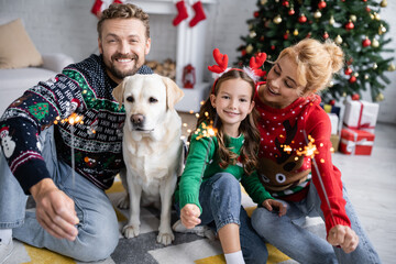 Wall Mural - Cheerful family in new year sweaters holding sparklers near labrador at home