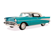 Vitnage Classic Car Isolated On The White Background. Vector Illustration. Front Side View Of A Light Blue Car.