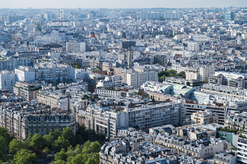 Wall Mural - Panoramic view from second floor of Eiffel tower in Paris. View of the buildings, parks