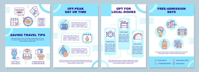 Saving travel tips turquoise brochure template. Trip budget. Leaflet design with linear icons. Editable 4 vector layouts for presentation, annual reports. Arial-Black, Myriad Pro-Regular fonts used