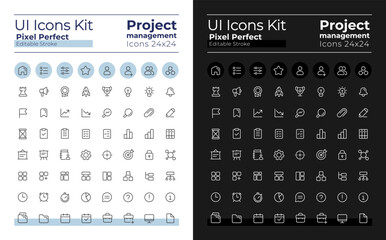 Wall Mural - Project management pixel perfect linear ui icons kit for dark, light mode. Business strategy. Outline isolated user interface elements for night, day themes. Editable stroke. Poppins font used